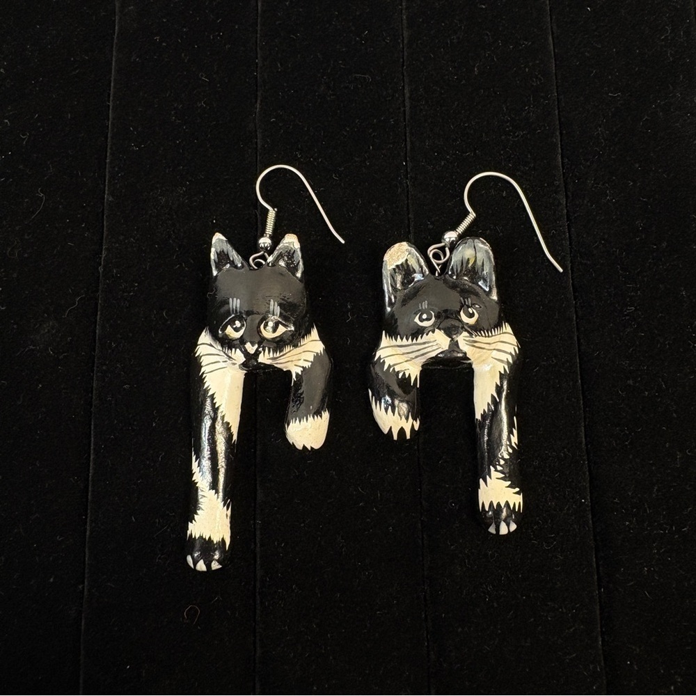 Vintage Hand-Painted Wooden Black & White Tuxedo Cat Dangle Earrings